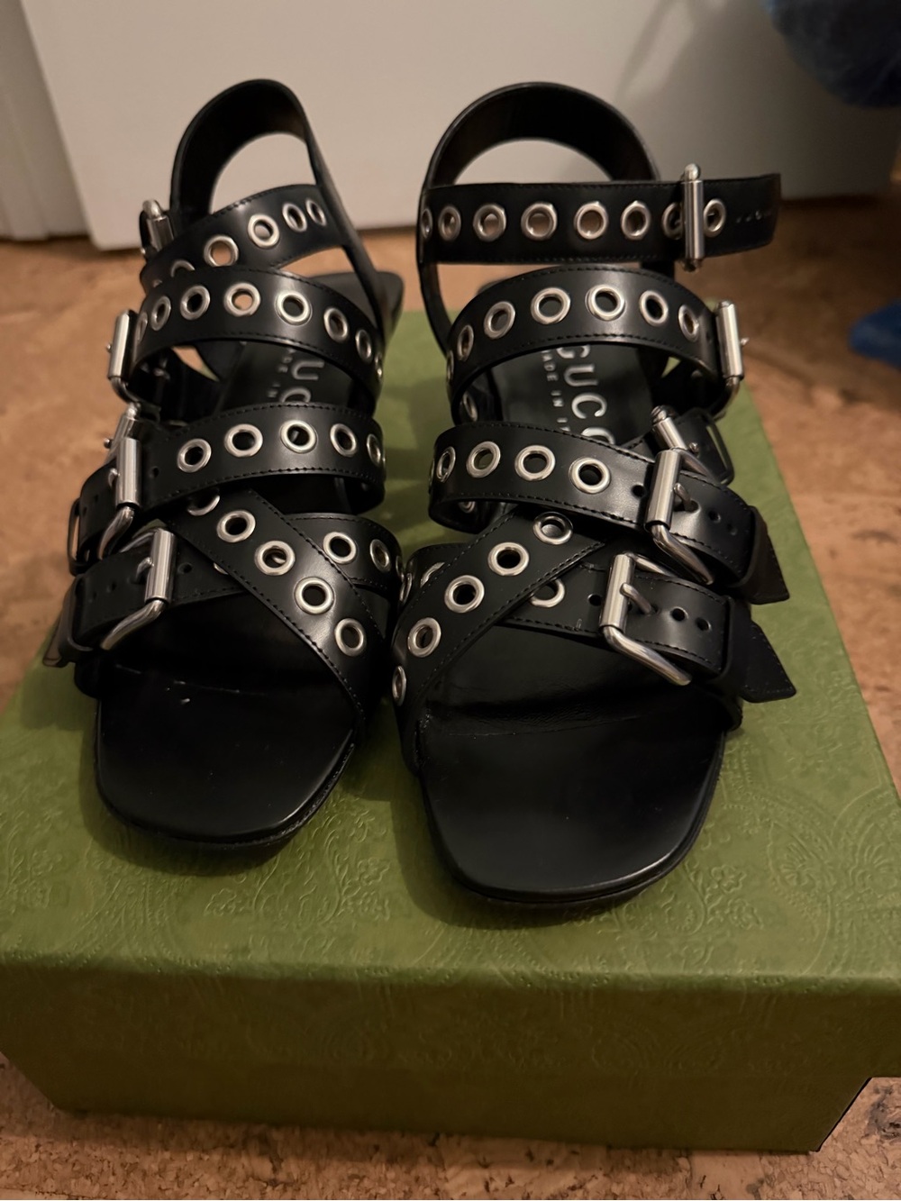 Gucci Black Multi-Grommet Buckle Sandals